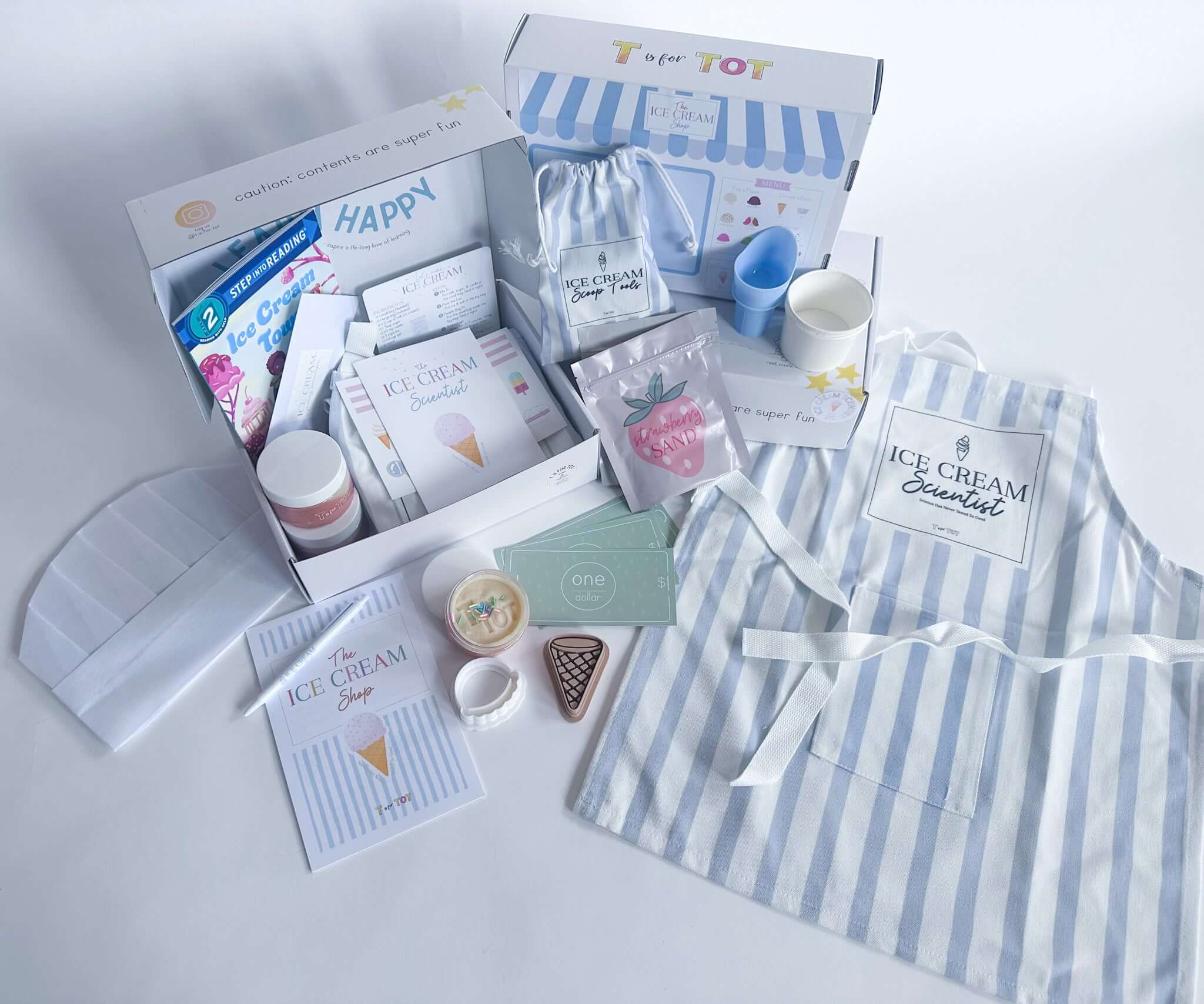 Colorful Ice Cream Scientist Kit with ingredients and tools for hands-on science and creativity.